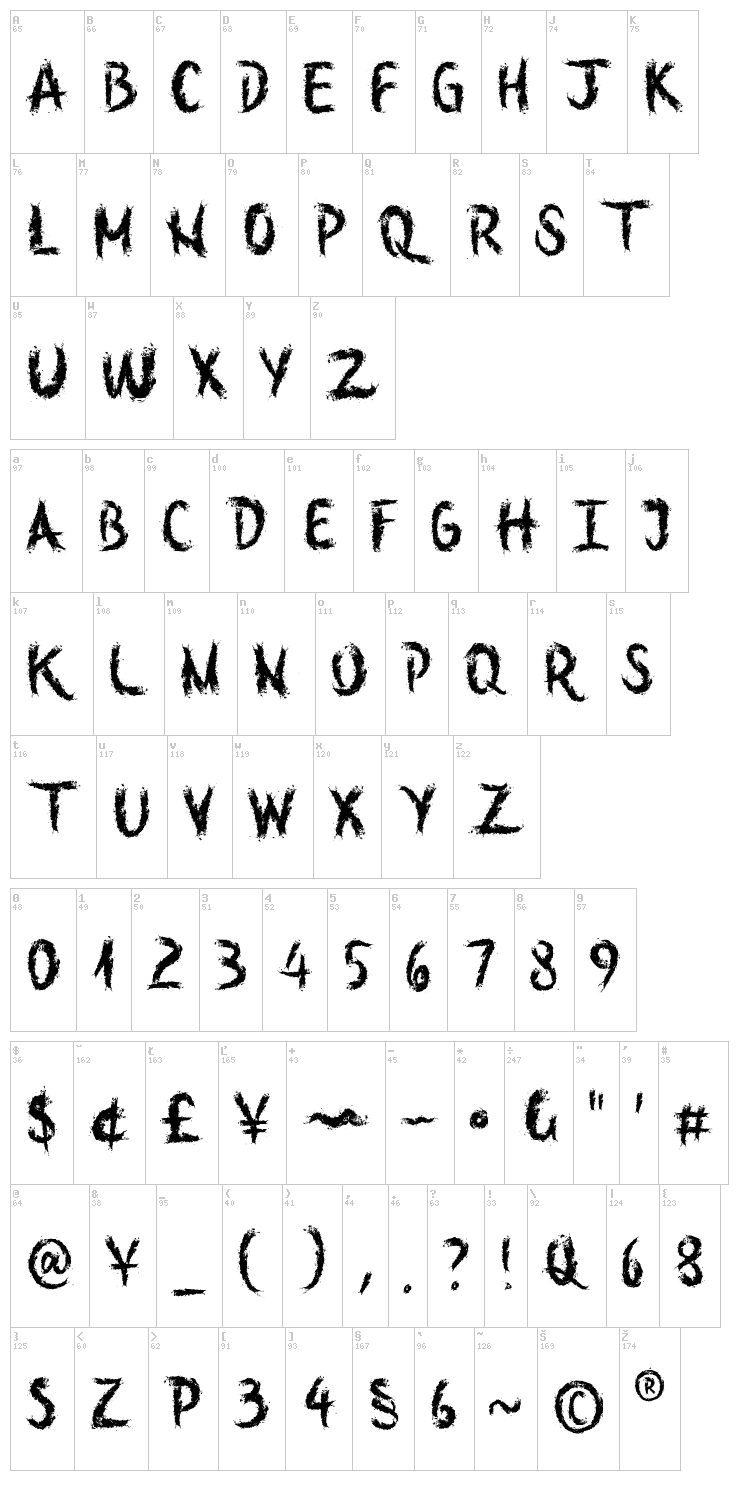 Stretch Out Your Fingers font map